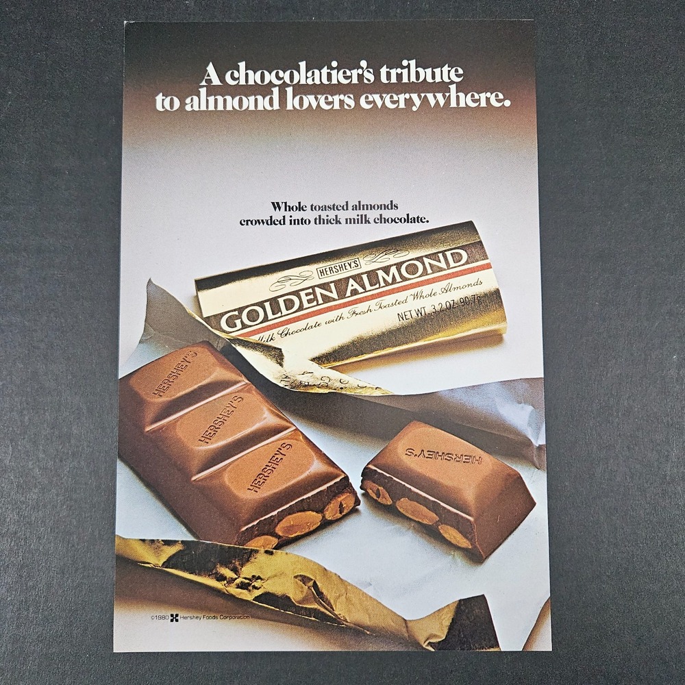 1980 Hershey's Golden Almond Chocolate Candy Car‎ Vintage Print Ad Chocolatier
